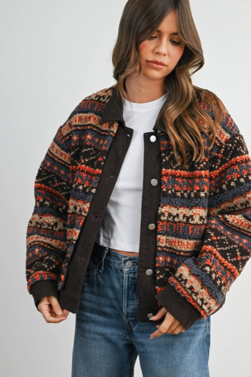 Buttermelon - Patterned Button-Front Fleece Jacket|234