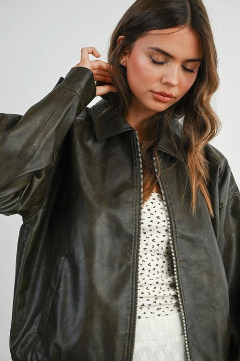 Buttermelon - Collared Zip-Front Leather Jacket|191