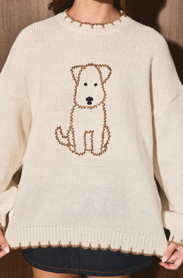Le Lis - Embroidered Dog Whipstitch Crew Neck Knit Sweater|3698