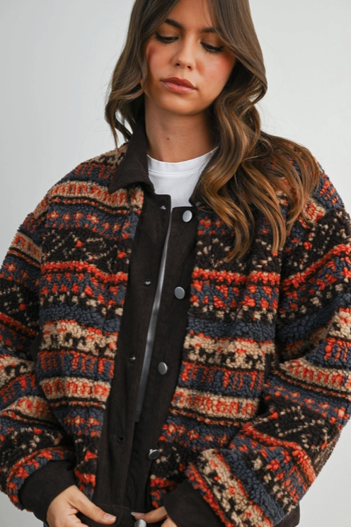 Buttermelon - Patterned Button-Front Fleece Jacket|236