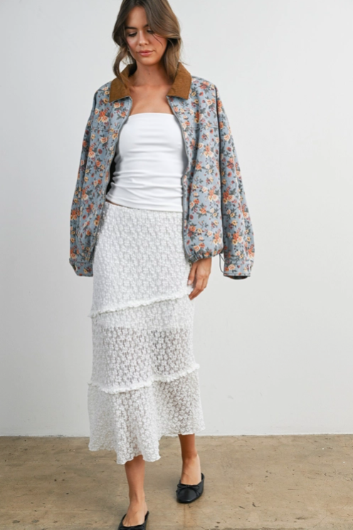 Buttermelon - Floral Print Corduroy Collar Jacket|213