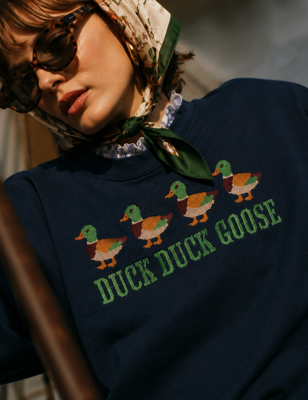 Duck Duck Goose Embroidered Cross-Stitch Sweatshirt|1681