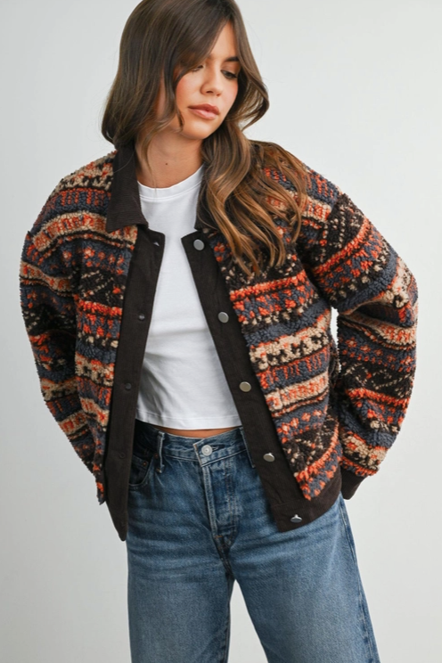 Buttermelon - Patterned Button-Front Fleece Jacket|235
