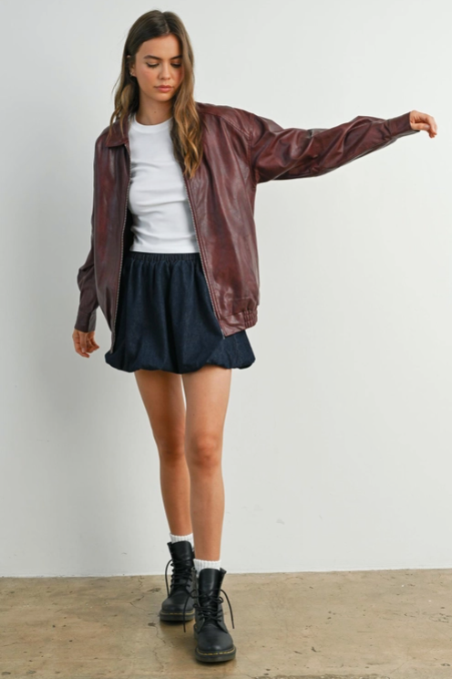 Buttermelon - Collared Zip-Front Leather Jacket|184