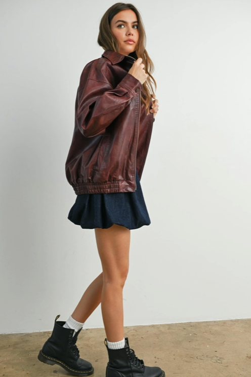 Buttermelon - Collared Zip-Front Leather Jacket|185