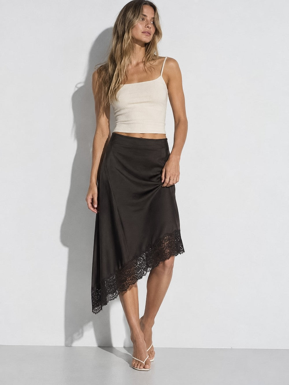 Active Basics - Lace Trim Satin Midi Skirt Brown|4448