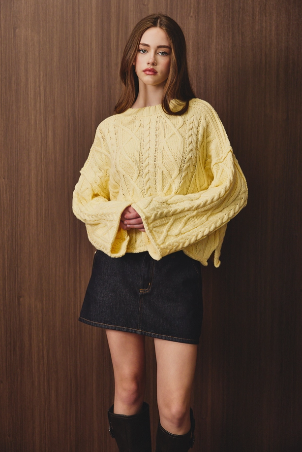 Le Lis - Oversized Cropped Cable Knit Crew Neck Sweater|3707