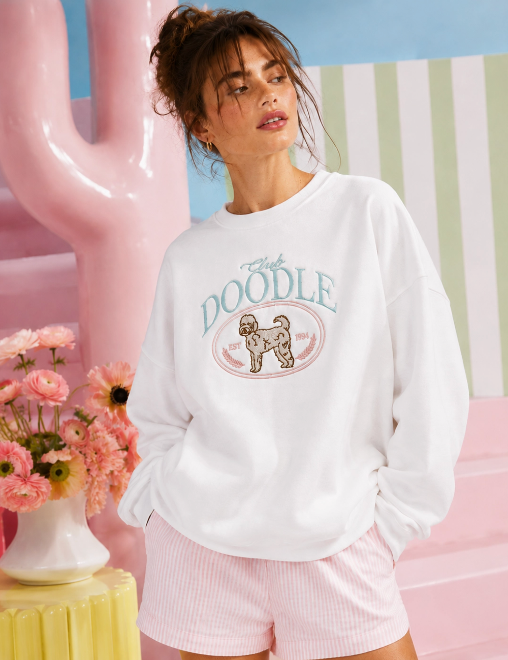 Club Doodle Embroidered White Sweatshirt|1679