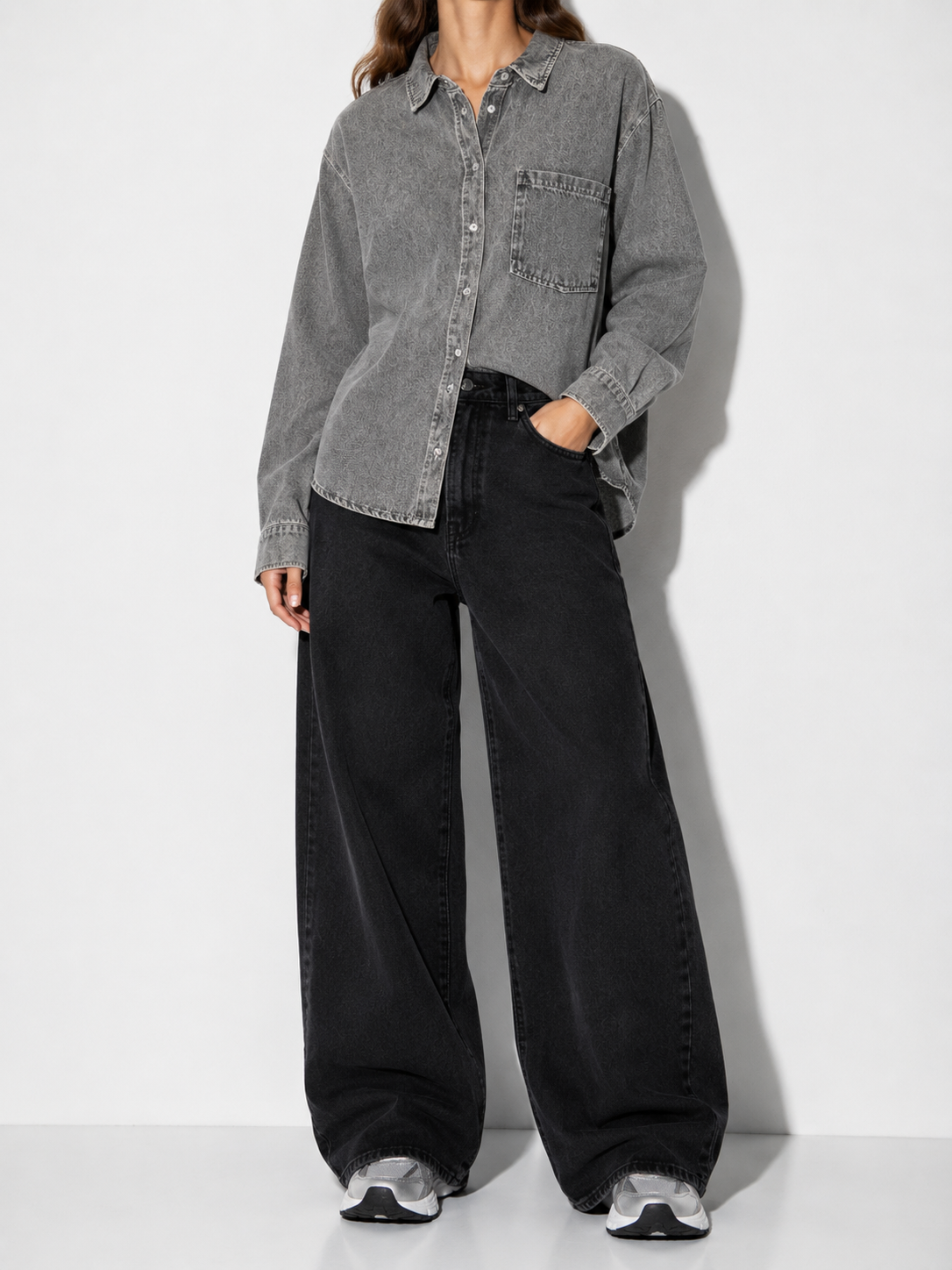 Pieces - Grey Wash Oversized Denim Button Up