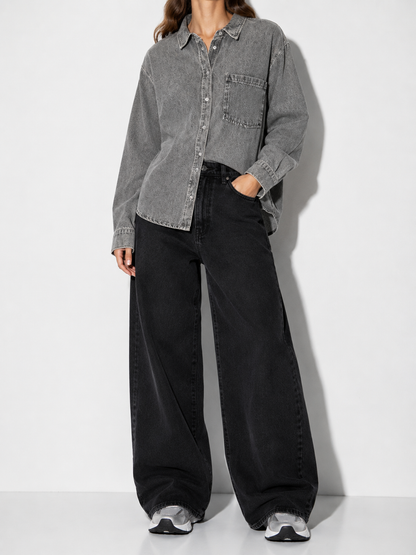 Pieces - Grey Wash Oversized Denim Button Up