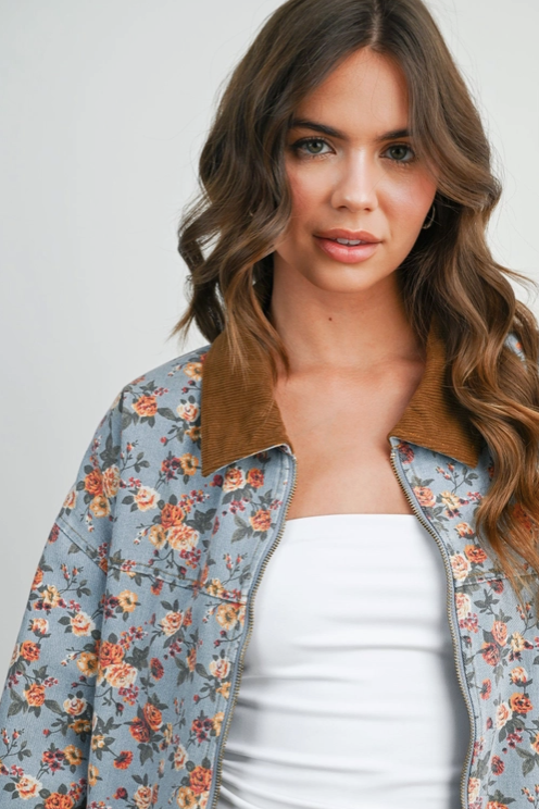 Buttermelon - Floral Print Corduroy Collar Jacket|211
