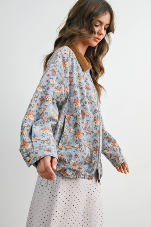 Buttermelon - Floral Print Corduroy Collar Jacket|212