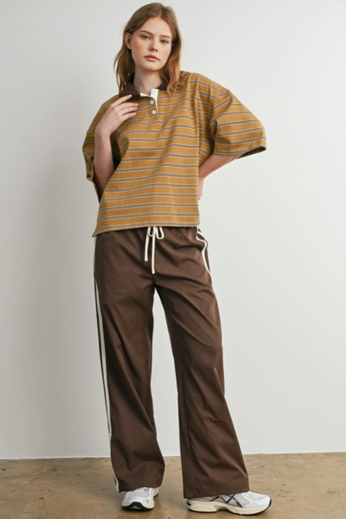 Buttermelon - Striped Drawstring Wide-Leg Cuffed Pants|253