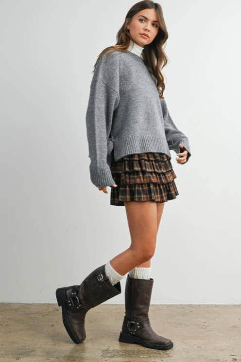 Buttermelon - Tie Split-Hem Crewneck Long Sleeve Top|276