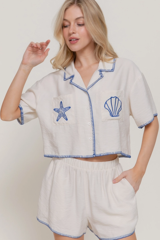 Active Basic - Edge Stitch & Embroidered Boxy Shirt|401