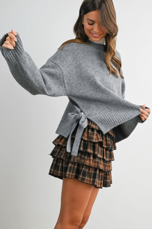 Buttermelon - Tie Split-Hem Crewneck Long Sleeve Top|275