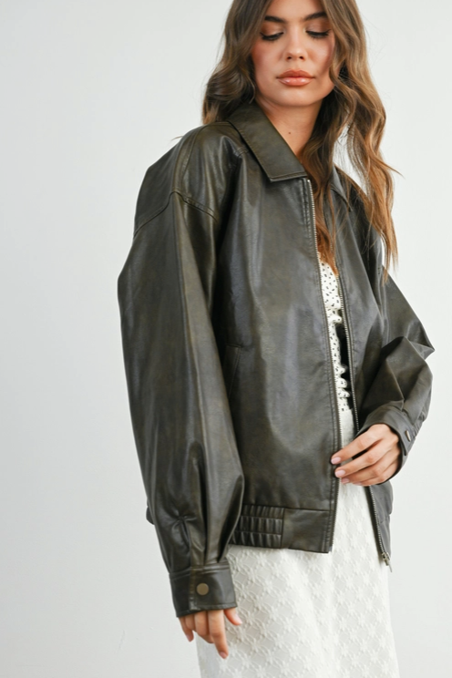 Buttermelon - Collared Zip-Front Leather Jacket|190