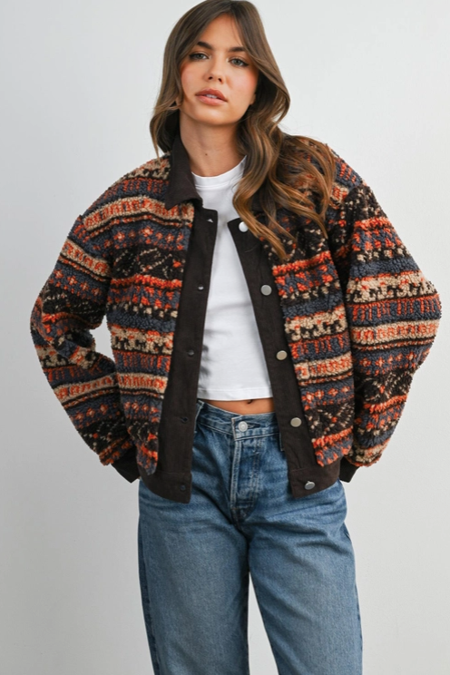 Buttermelon - Patterned Button-Front Fleece Jacket|232