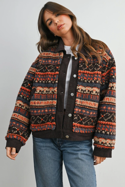 Buttermelon - Patterned Button-Front Fleece Jacket|233