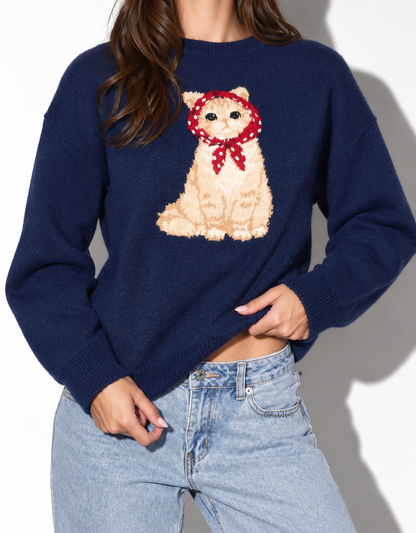 Le Lis - Cat Scarf Graphic Crew Neck Oversized Knit