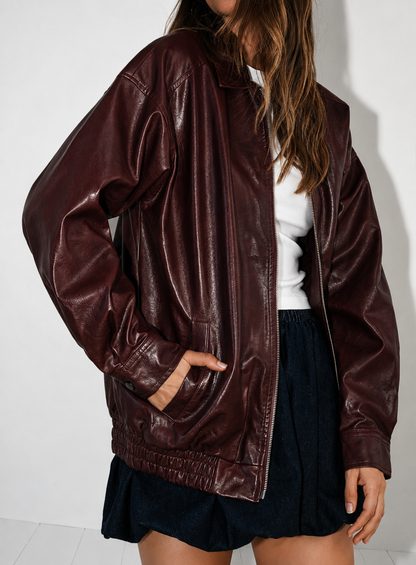 Buttermelon - Collared Zip-Front Leather Jacket